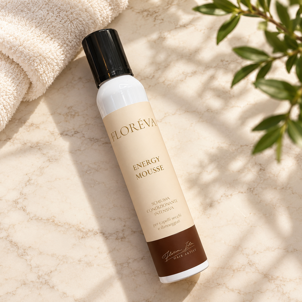 FLORÉVA Energy Mousse 200 ml așezat diagonal pe o suprafață deschisă, lângă un prosop și frunze verzi.